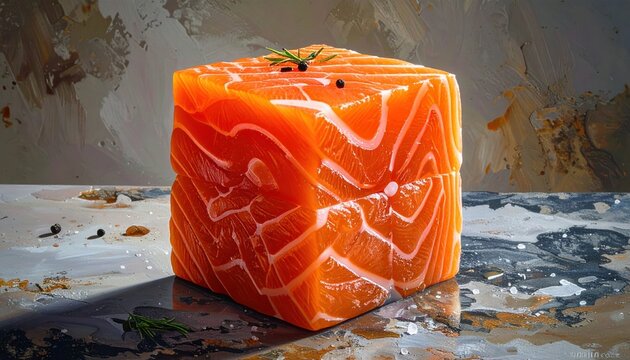 Fresh raw salmon fish meat cube with detailed texture