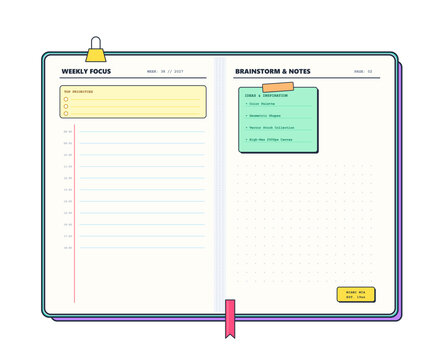 Open weekly planner and brainstorm notes layout vector template