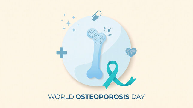 World Osteoporosis Day illustration showing a fragile bone with pain signals and a teal ribbon, representing awareness and prevention of bone disease, isolated on transparent background.