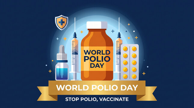 World polio day awareness campaign with pills protective shield symbol graphic highlights vaccination vaccination tools