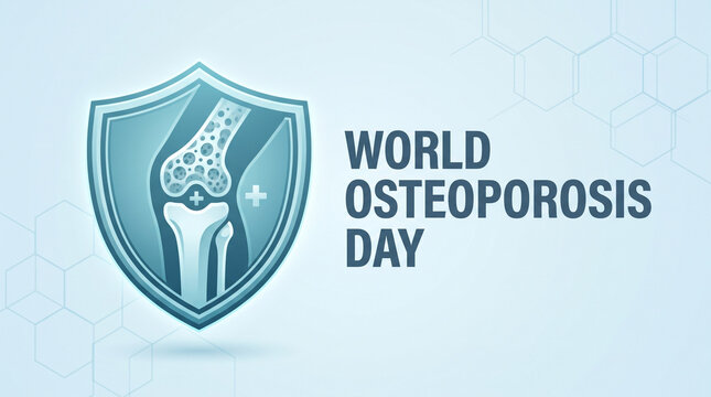 World Osteoporosis Day graphic featuring a shield with a cross-section of a knee joint and bone, promoting awareness and education about bone health, isolated on transparent background.