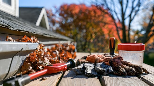 A seasonal maintenance concept showing essential tools and equipment for preparing a property before colder weather arrives.