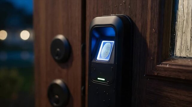 Finger touching a biometric door lock for secure home access, showing fingerprint authentication and smart security technology.