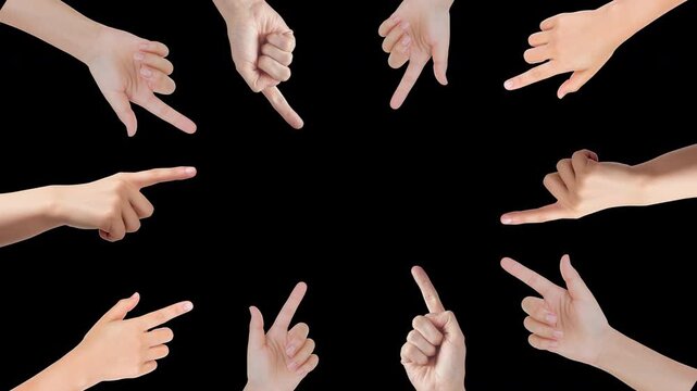 Many hands pointing fingers to center from all sides, crowd blaming and accusing one person, public judgement, peer pressure or choosing you concept, overlay on transparent background with alpha chann