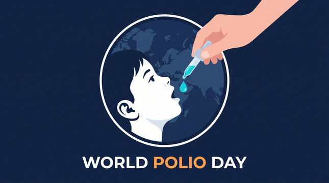 Child receiving oral polio vaccine drop on world polio day with globe background with hand administers liquid drop container mouth child silhouette over world map End Polio Now