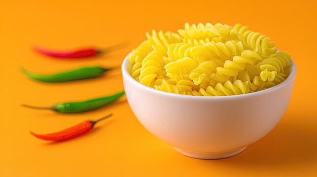 Raw fusilli pasta in a white bowl with red and green chili peppers on an orange background