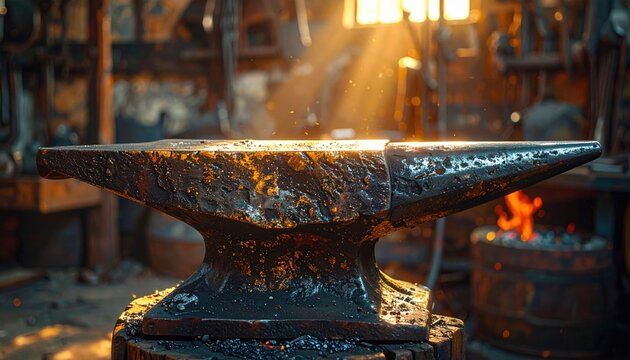 Polished metal anvil viewed from the side for blacksmith workshop concepts