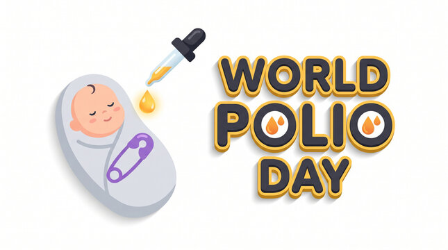 Baby receiving oral vaccine drop during world polio day awareness campaign illustration with symbolizing immunization efforts Public Health Illustration bassinet shown receiving