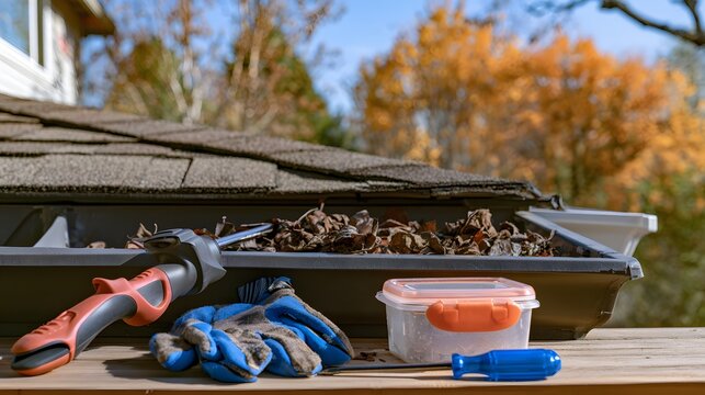 A seasonal maintenance concept showing essential tools and equipment for preparing a property before colder weather arrives.