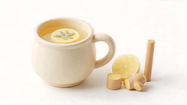 Ginger lemon drink displaying lemon slice and wooden stirrer. Beverage illustration concept