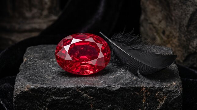An oval-cut red ruby gem resting beside a soft black feather on a dark textured stone slab.