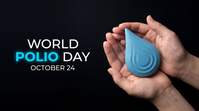 Hands holding blue liquid drop model for world polio day october 24 awareness campaign with october disease eradication World Health Organization Public Health Initiative