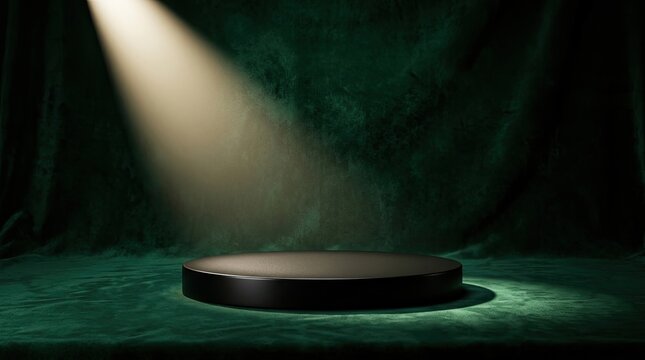 A round, black podium with a green velvet background and a spotlight shining down on it.
