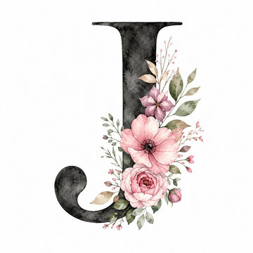 Elegant black serif initial letter J decorated with soft pink flowers, roses and botanical greenery in a romantic watercolor monogram design on white.