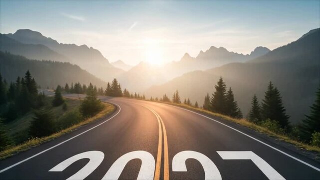 Mountain road leading toward sunrise with 2027 marked on the pavement, symbolizing a new year journey, fresh beginnings, travel, ambition, and future goals.