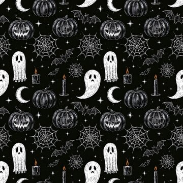  Black and White Halloween Seamless Pattern