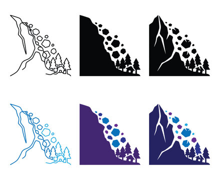 Landslide disaster icon set with falling rocks and trees on mountain slope for geology safety sign.