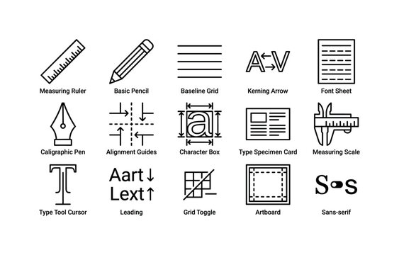 Typography Design Tools, line icon set featuring ruler, pencil, baseline grid, kerning arrows, font sheet blank, pen nib, alignment guides, character box, type specimen card blank and measuring scale,