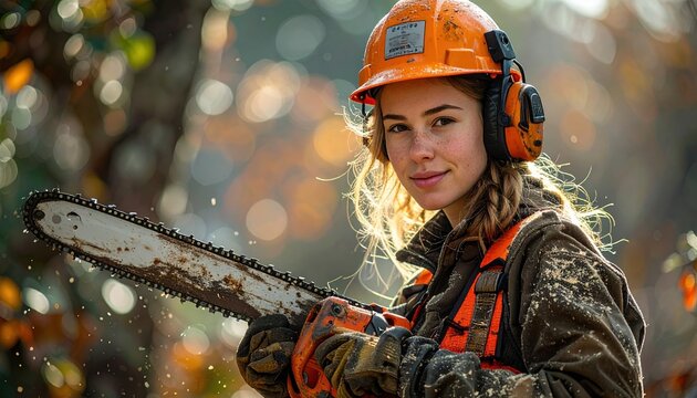 Arborist holding chainsaw while wearing protective safety gear at work