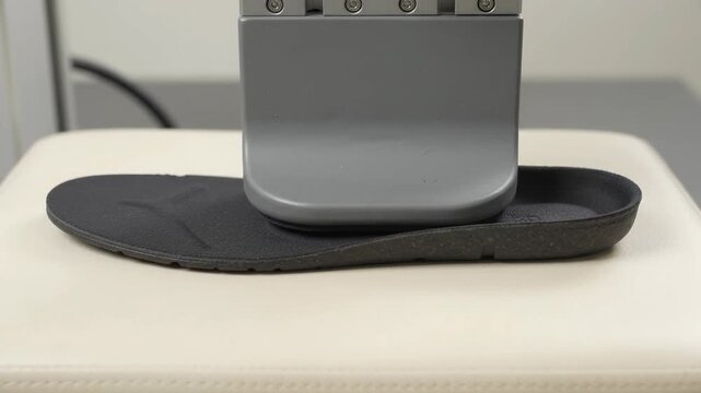 Mechanical Testing Device Compressing the Heel of a Dark Shoe Insert