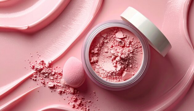 Open loose face powder jar with cosmetic puff viewed from above