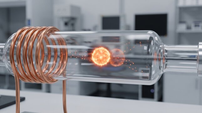Glass tube with copper electrodes generating plasma fireball for scientific research in laboratory setting