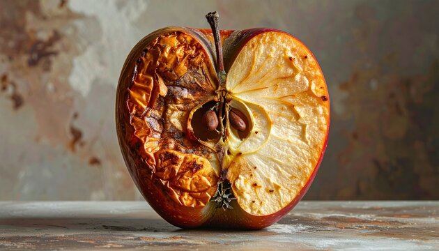 Half brown oxidized apple with stale fruit texture and visible cross section