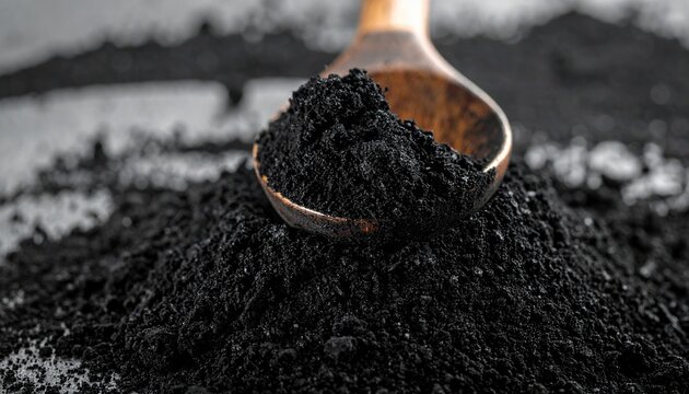 Pile of fine black activated charcoal powder with soft granular texture