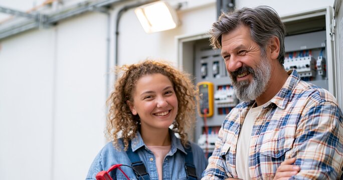 Electrician mentoring apprentice at electrical panel