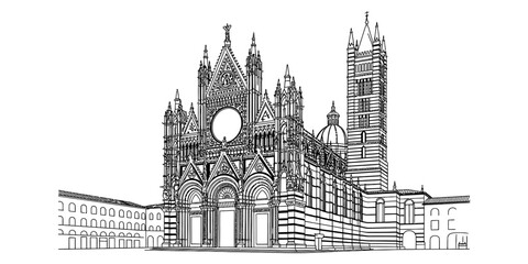 Obraz premium Detailed line art drawing of the siena cathedral in italy showing the historic architecture and bell tower building