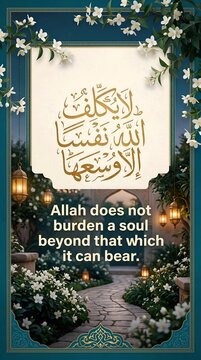 Islamic calligraphy banner with Surah Al-Baqarah verse "Allah does not burden a soul beyond that which it can bear" set in a garden with lanterns and jasmine flowers. 