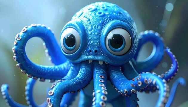 Blue alien monster with tentacles and playful science fiction creature design