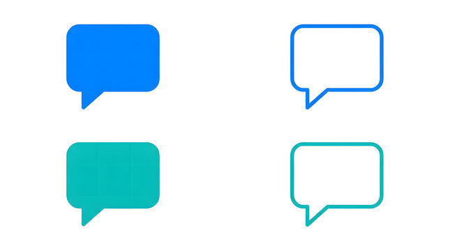 Set of four flat speech bubble icons with solid and outline blue and teal styles transparent background