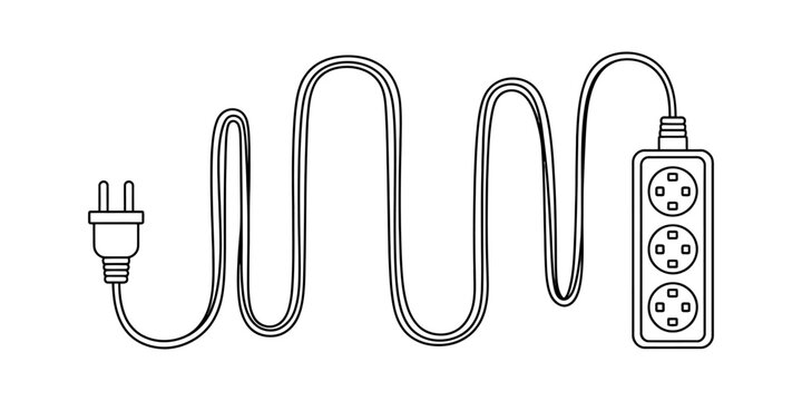 Black and white line art illustration of an electrical extension cord with a plug and multiple power sockets