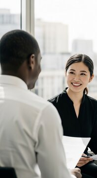 Successful Job Interview with smiling Asian businesswoman and male colleague in modern office ideal for recruitment and HR marketing. Vertical. Portrait Orientation.