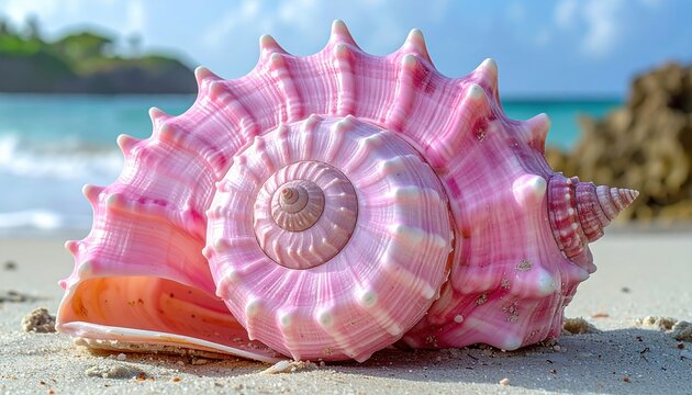 Pink queen conch shell with detailed spiral structure and tropical coastal character