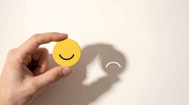 Hand holding yellow smiling face coin with sad frowning shadow representing hidden emotions fake happiness and mental health concept