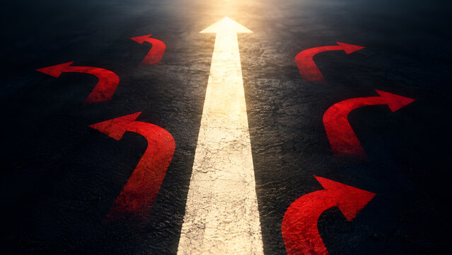 Straight glowing arrow pointing forward on asphalt with red turning arrows symbolizing right business direction strategy and leadership choice