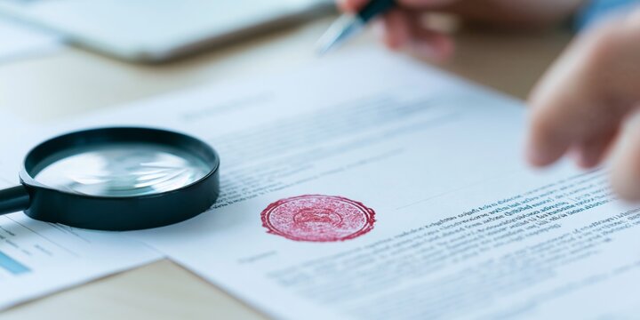 Magnifying glass inspecting official document seal