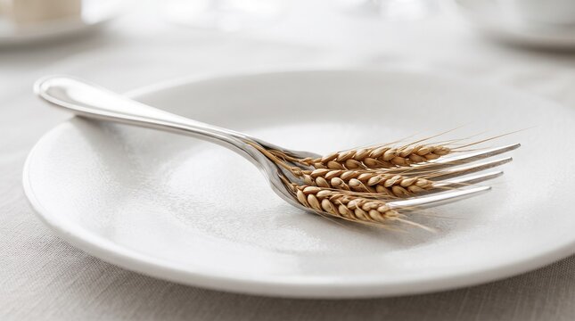 A silver dining fork with prongs made of rigid golden wheat stalks representing the direct organic connection from farm harvest to table.