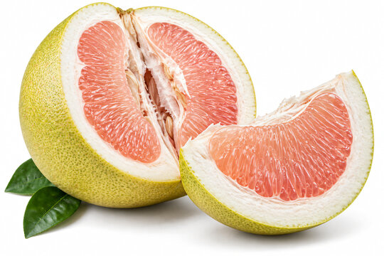 Fresh pink pomelo fruit cut open to reveal juicy citrus segments and thick pale rind, isolated on a clean white background