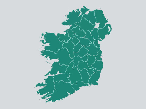 Detailed Green Map of Ireland with County Borders, Minimalist Flat Design Geographic Illustration