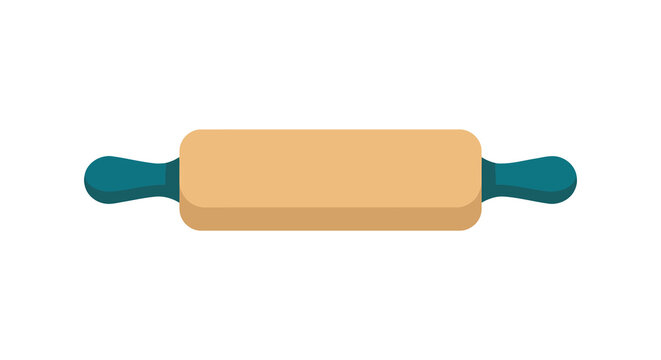 Wooden rolling pin with teal handles is displayed on a white background