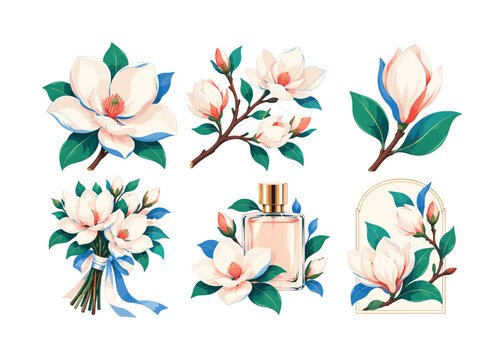 Magnolia Floral Botanicals &mdash; colorful editorial illustration set, 6 mini botanical illustrations in 3x2 layout featuring magnolia flower, branch, blooming bud, wedding bouquet, perfume bottle, and