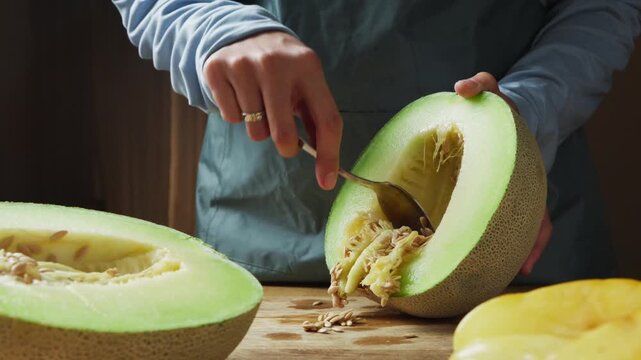 Scooping out the seed cavity of a fresh honeydew melon with a spoon