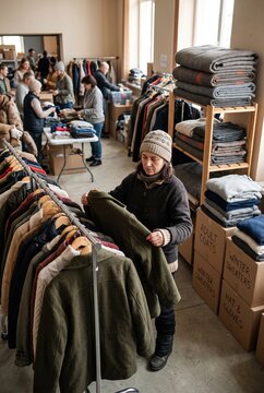Individuals are gathered in a community center, sorting and distributing clothing items. The activity takes place during a time of conflict, showing