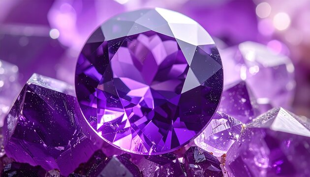 Faceted round amethyst gemstone with rich purple crystalline texture