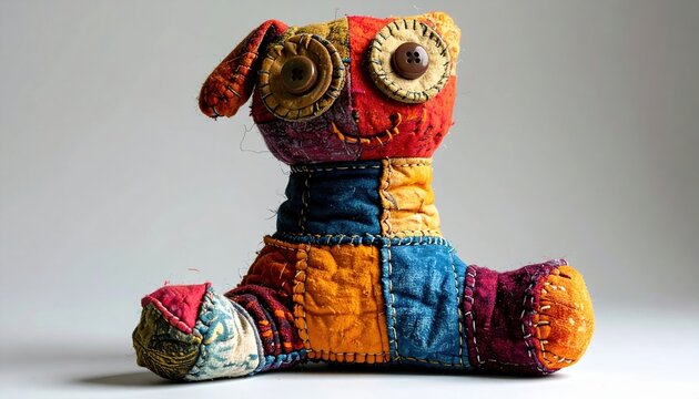 Colorful handmade patchwork sock puppet with button eyes and playful stitched fabric details