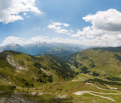Wilderness and travel concept, aerial drone view of the Kitzb&uuml;hel Alps in the Hohe Tauern National Park in Austria with mountain peaks and green valleys