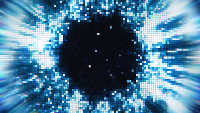 Abstract cybernetic eye or futuristic warp tunnel. Glitchy mosaic texture with radial motion blur simulating hyperspace travel, speed, technology, and virtual reality concepts.